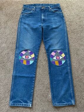 Vintage Wrangler Jeans Custom Chain Stitched Mushroom Evil Eye Knee Patch 30x32